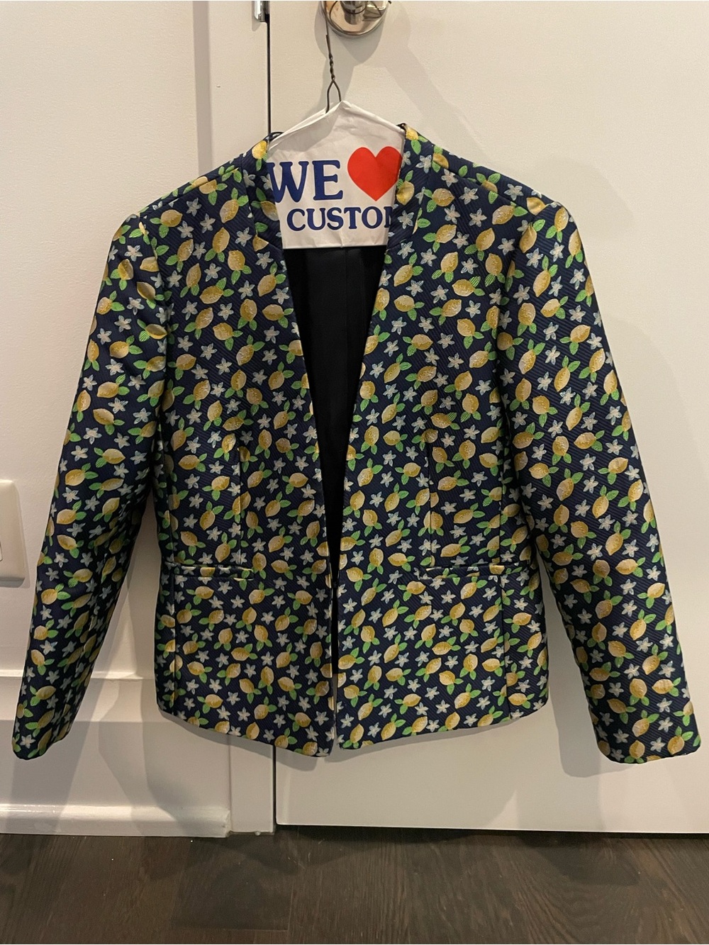 J. Crew Navy Quilted Blazer with Yellow & Green Floral Print